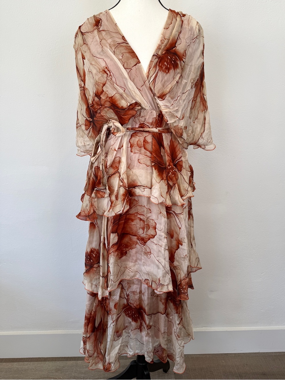 NT by Amati Size One Size Red/Cream Floral Silk Blend Ruffle Tiered Maxi Dress
